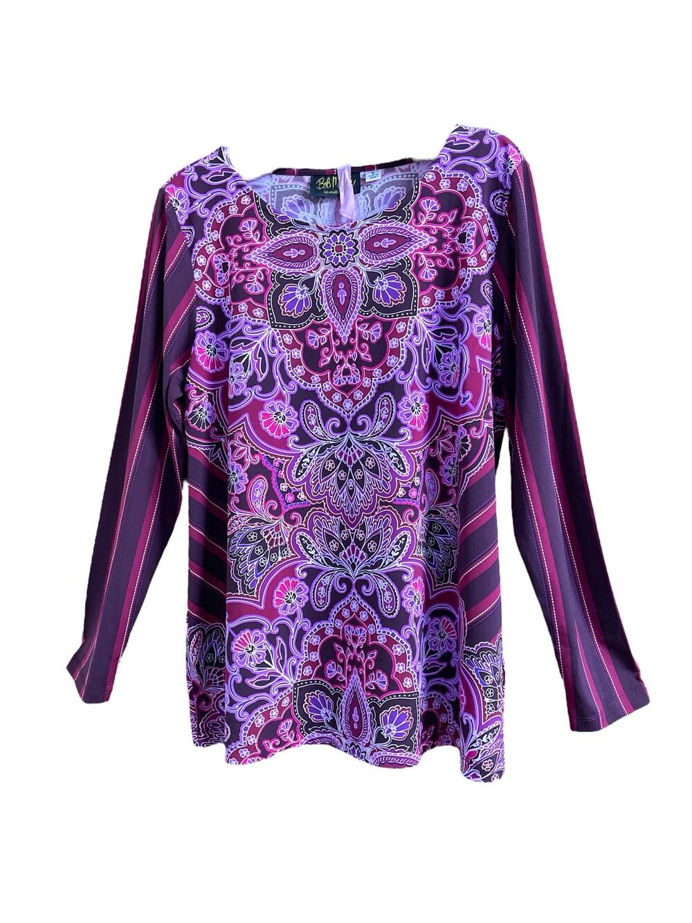 Bob Mackie Purple Paisley Striped Sleeve Top size Small